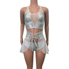 Lace-Up Corset Skirt - White Mesh w/ Silver Shattered Glass - Peridot Clothing