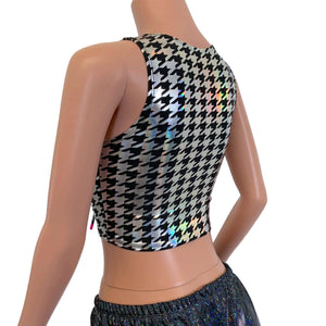 Lace-Up Crop Tank Top - Houndstooth Holo & Neon - Peridot Clothing