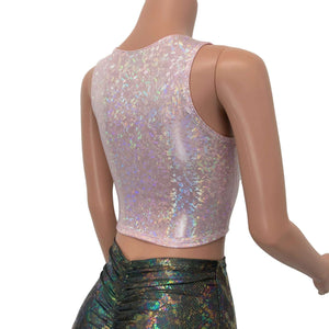 Lace-Up Crop Tank Top - Pink Shattered Glass Holographic - Peridot Clothing
