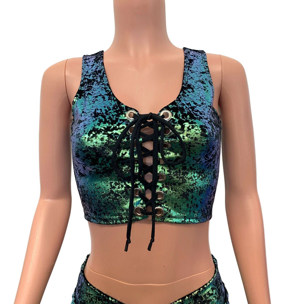 Lace-Up Crop Top - Green on Black Gilded Velvet - Peridot Clothing
