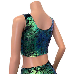 Lace-Up Crop Top - Green on Black Gilded Velvet - Peridot Clothing