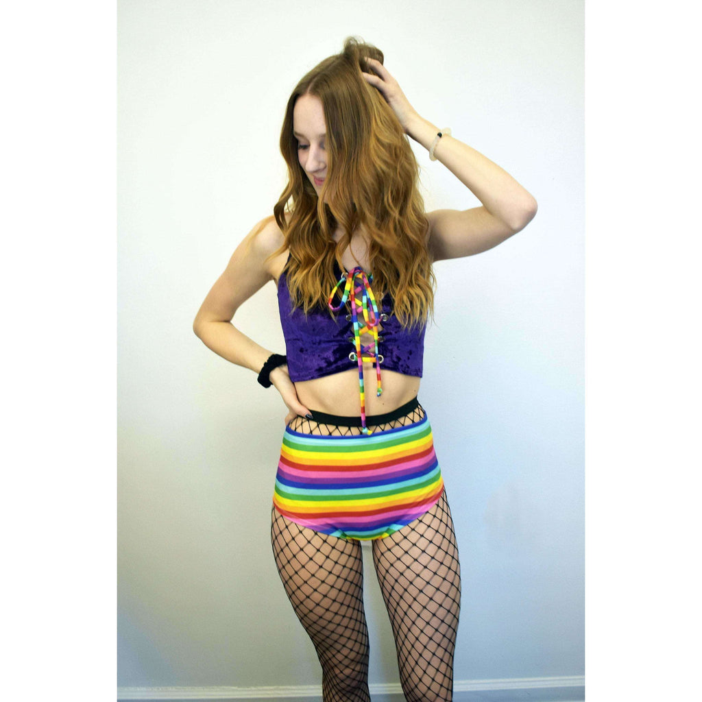 Lace-Up Crop Top - Purple Crushed Velvet & Rainbow - Peridot Clothing