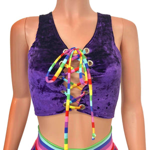 Lace-Up Crop Top - Purple Crushed Velvet & Rainbow - Peridot Clothing
