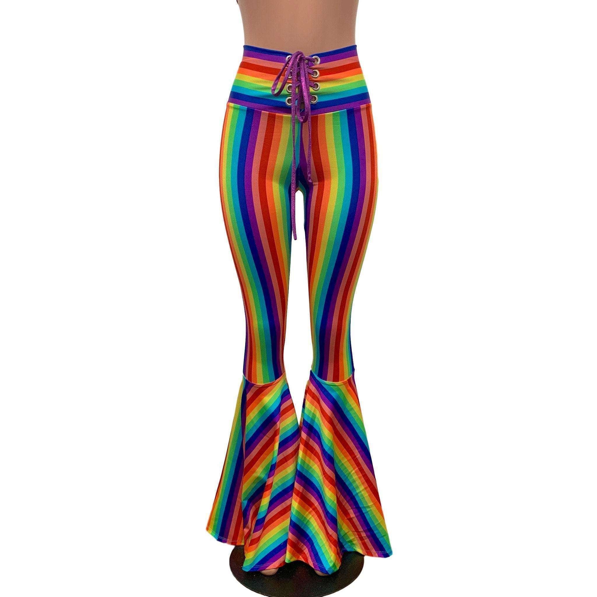 High Waisted Bell Bottom Fringe Pants - Black Sparkle Rainbow