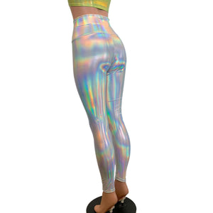 Lace-Up High Waist Leggings - Opal Holographic Iridescent - Peridot Clothing