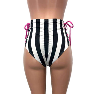 Lace-Up High Waist Scrunch Bikini - Black & White Stripe w/ Pink - Peridot Clothing