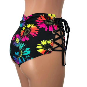 Lace-Up High Waist Scrunch Bikini - Electric Daisy Neon - Peridot Clothing