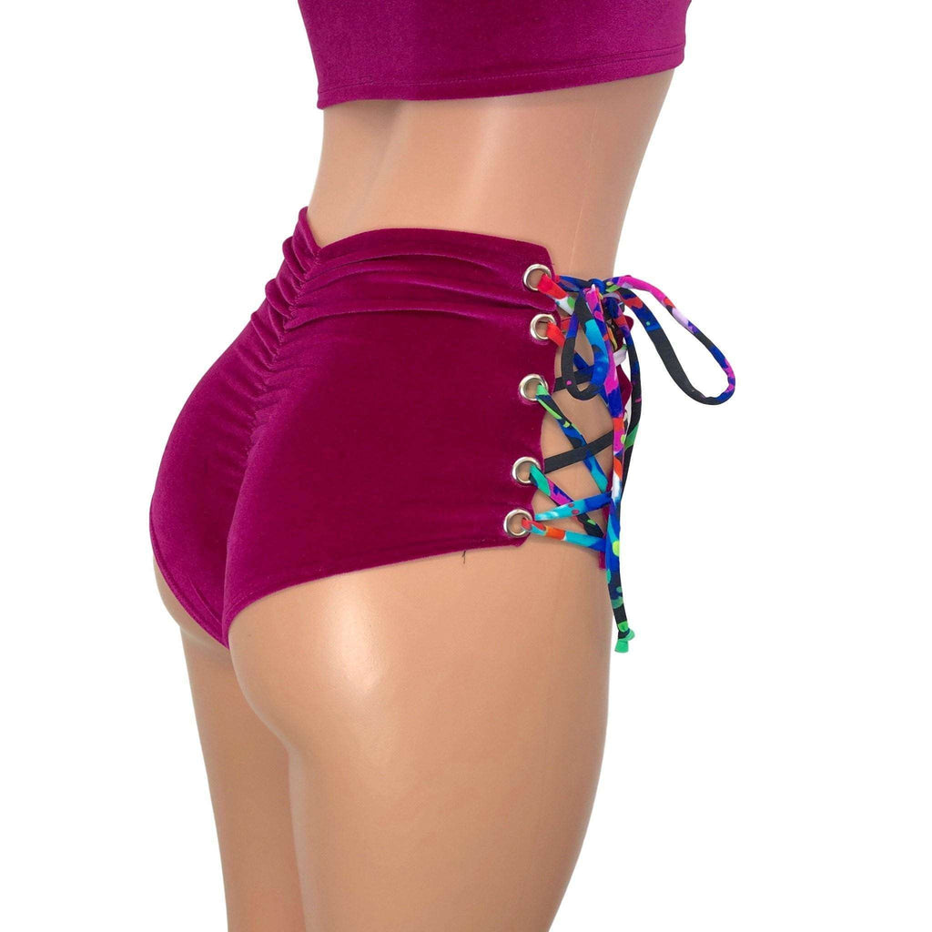 Lace-Up High Waist Scrunch Bikini - Fuchsia Pink Velvet - Peridot Clothing