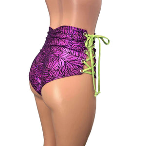 Lace-Up High Waist Scrunch Bikini - Purple Leaf Holographic - Peridot Clothing