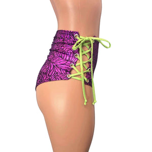 Lace-Up High Waist Scrunch Bikini - Purple Leaf Holographic - Peridot Clothing