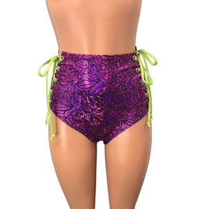 Lace-Up High Waist Scrunch Bikini - Purple Leaf Holographic - Peridot Clothing