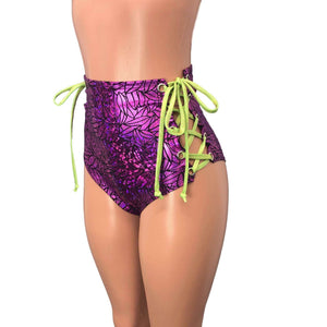 Lace-Up High Waist Scrunch Bikini - Purple Leaf Holographic - Peridot Clothing