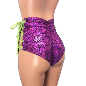 Lace-Up High Waist Scrunch Bikini - Purple Leaf Holographic - Peridot Clothing