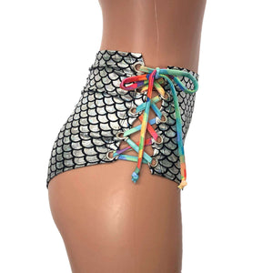 Lace-Up High Waist Scrunch Bikini - Silver Mermaid Scale - Peridot Clothing