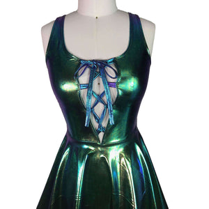 Lace-Up Holographic Oil Slick Skater fit n flare Dress - Peridot Clothing