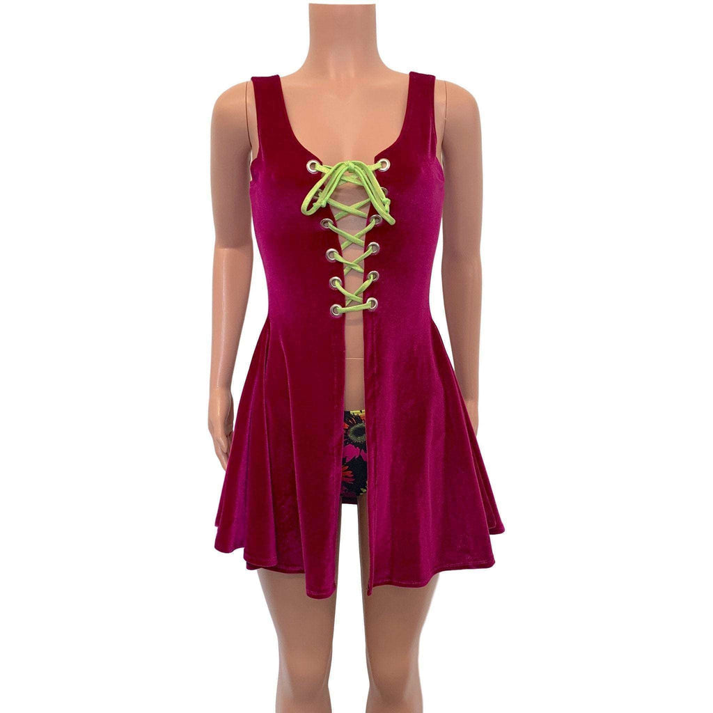 Lace-Up Open-Front Dress - Fuchsia Pink Velvet - Peridot Clothing