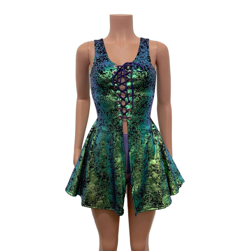 Lace-Up Open-Front Dress - Green on Black Gilded Velvet Peridot Clothing Lace-Up Open-Front Dress - Green on Black Gilded Velvet Peridot Clothing