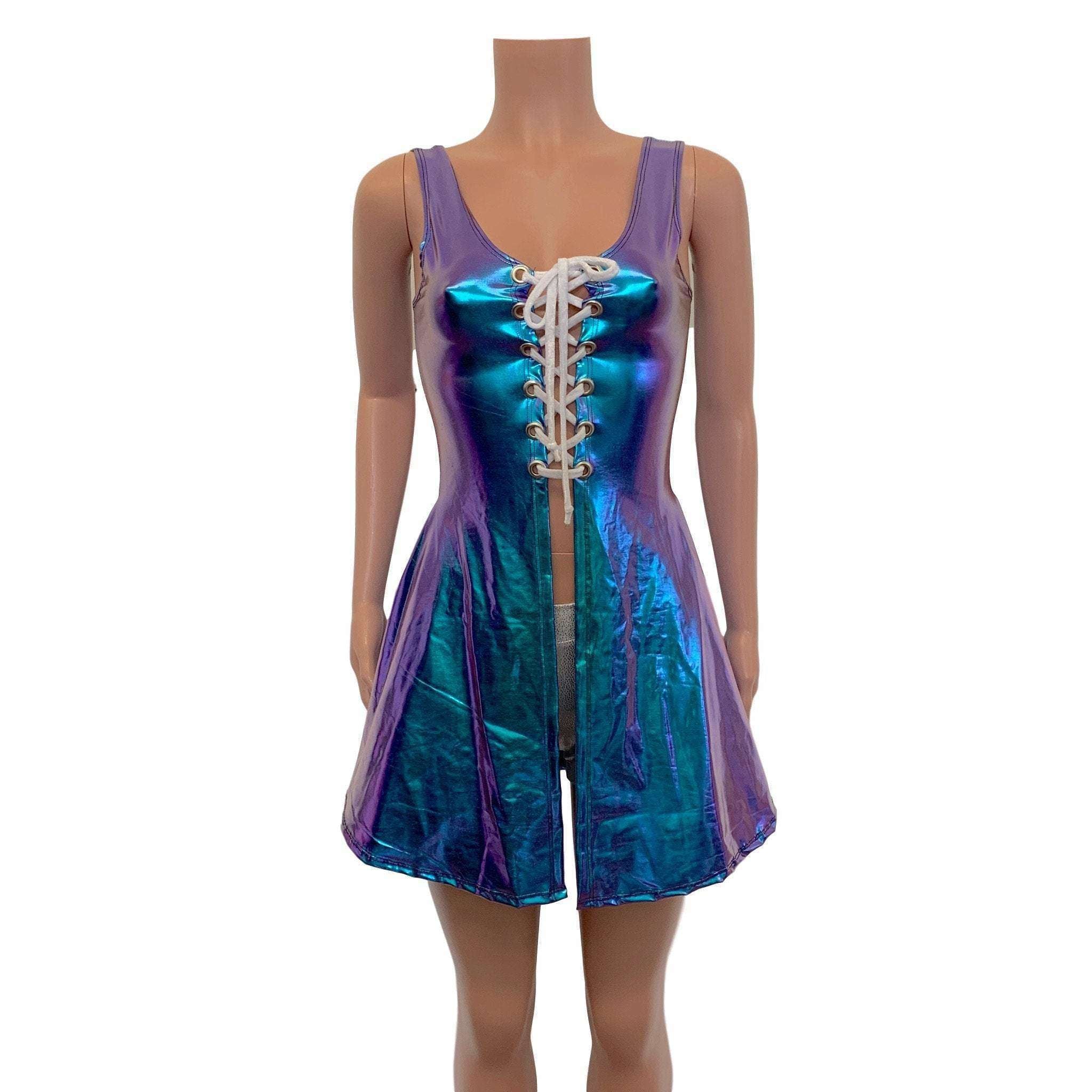 Lace-Up Open-Front Dress - Oil Slick Holographic Peridot Clothing Lace-Up Open-Front Dress - Oil Slick Holographic Peridot Clothing