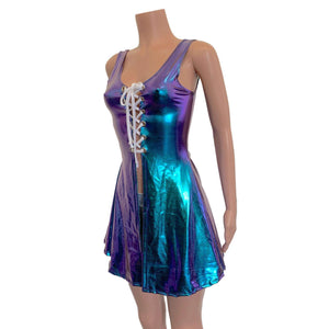 Lace-Up Open-Front Dress - Oil Slick Holographic - Peridot Clothing