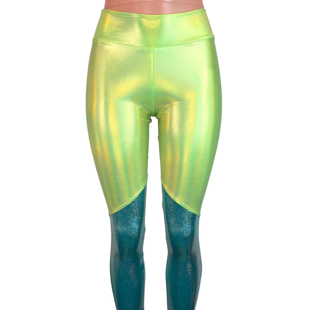 Lime Green and Jade Blue Holographic Mystique *Mid-Rise* Leggings - Peridot Clothing