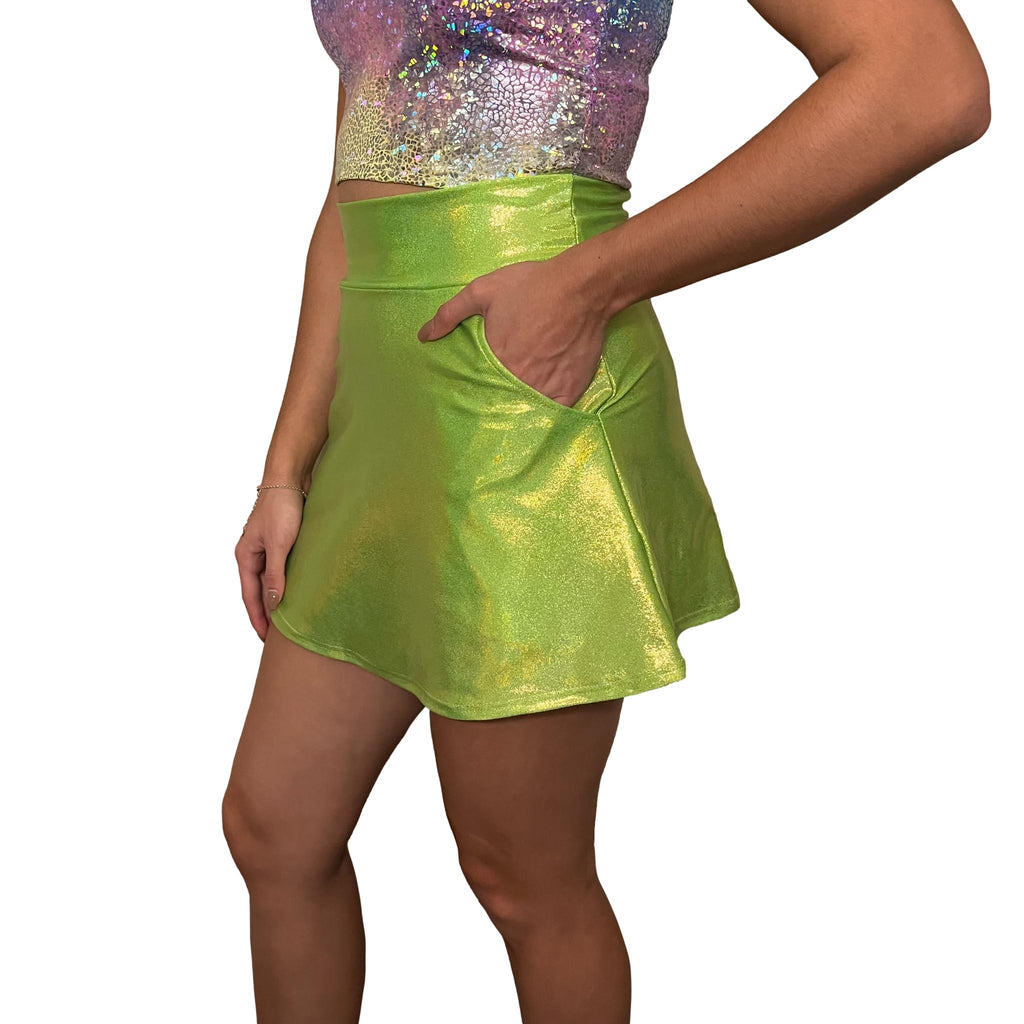 Lime Green Holographic A-line Skirt w/Optional Pockets - Peridot Clothing