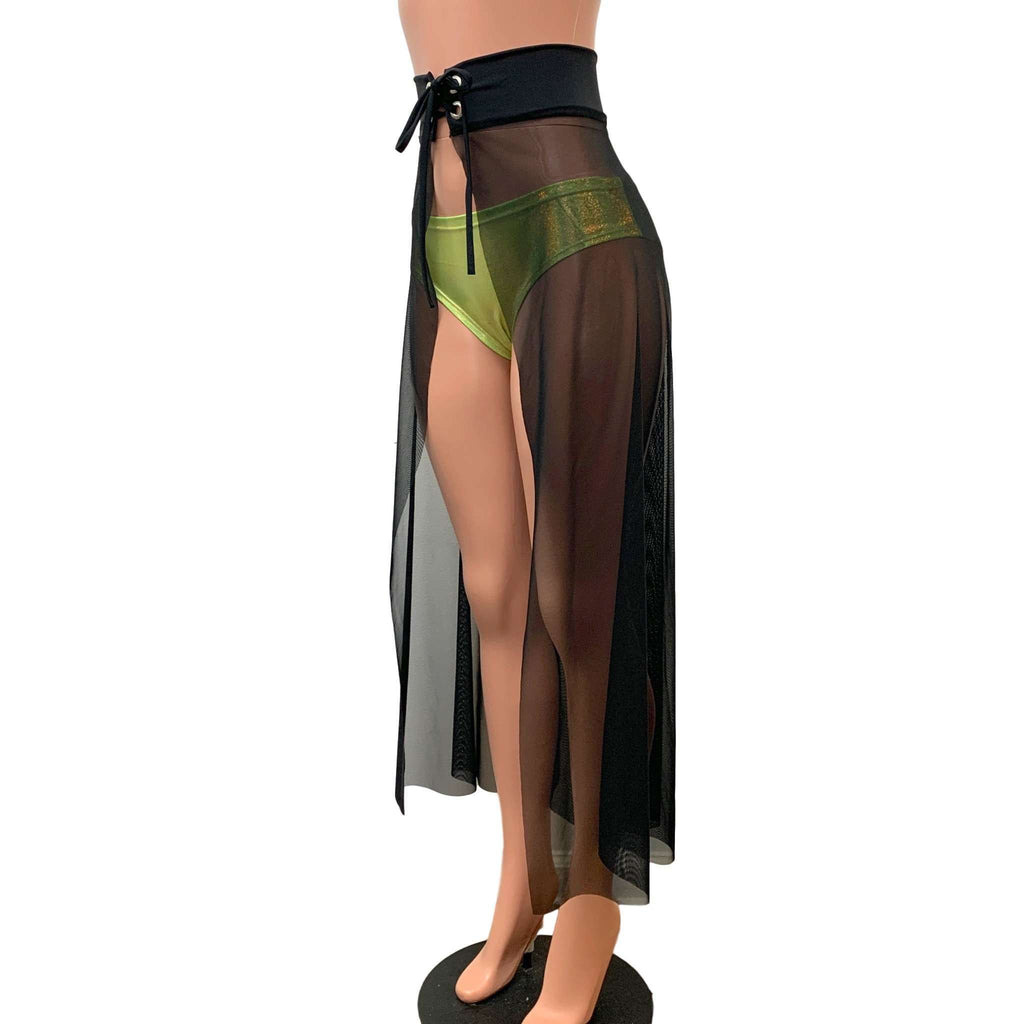 Long Black Mesh Lace-up Corset Rave Duster Skirt - Peridot Clothing