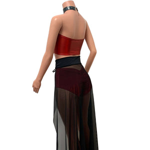 Long Black Mesh Lace-up Corset Rave Duster Skirt - Peridot Clothing