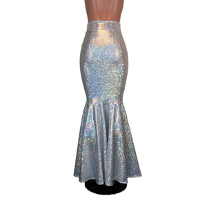 Long Mermaid Skirt - Silver on White Shattered Glass Fit n Flare Maxi Skirt - Peridot Clothing