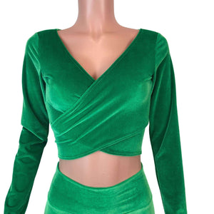 Long Sleeve Crop Wrap Top - Kelly Green Velvet - Peridot Clothing