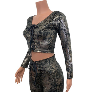 Long Sleeve Lace-Up Crop Top - Gunmetal on Black Gilded Velvet - Peridot Clothing