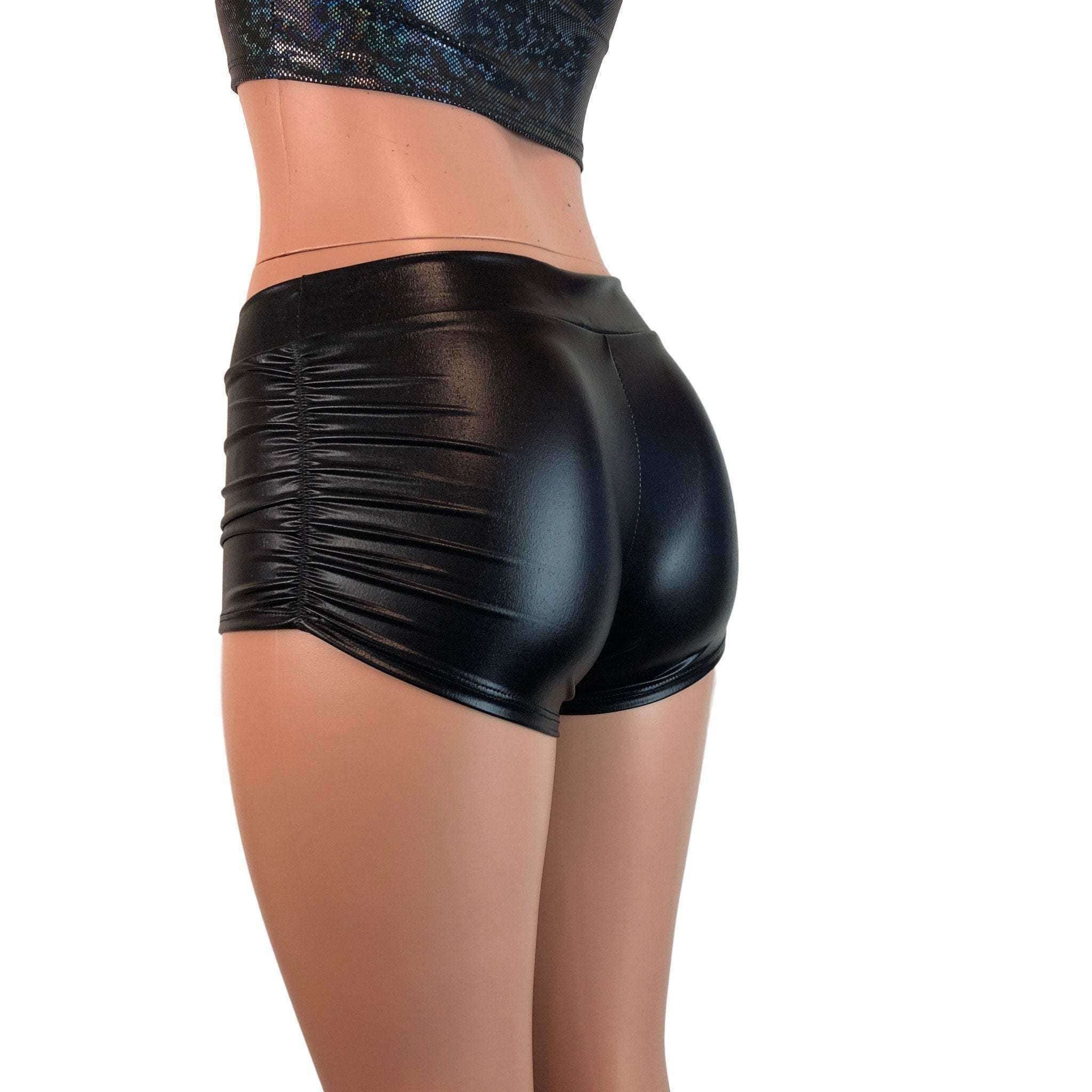 Low-Rise Ruched Booty Shorts - Black Metallic Wet Look– Peridot Clothing