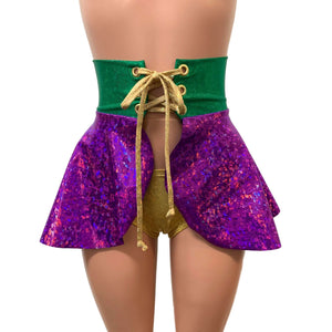 Mardi Gras Corset Skirt - Holographic Lace-Up Skater Skirt - Peridot Clothing