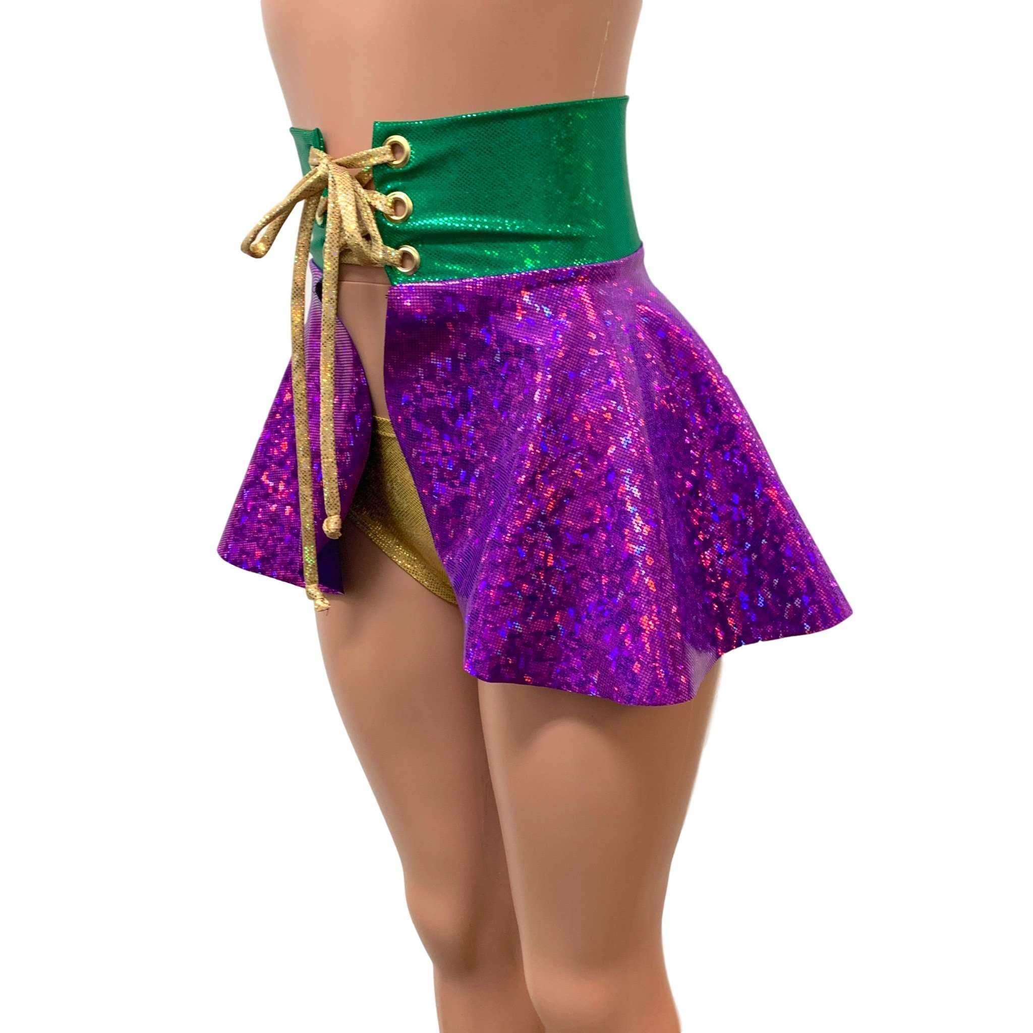 Mardi Gras Corset Skirt - Holographic Lace-Up Skater Skirt