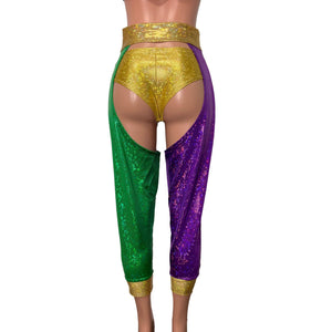 Jogger Chaps in Mardi Gras Colors Holographic Spandex Unisex Women's/Men's - Peridot Clothing