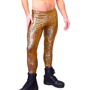 Men's Gold on Black Holographic Shattered Glass Leggings, Meggings - Peridot Clothing