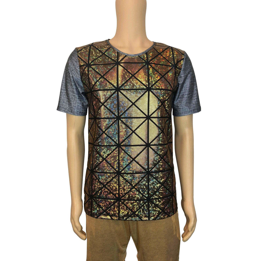 Men's Holographic Tee or T-shirt, Linen Print w/Gold Glass Pane Shattered Glass - Peridot Clothing
