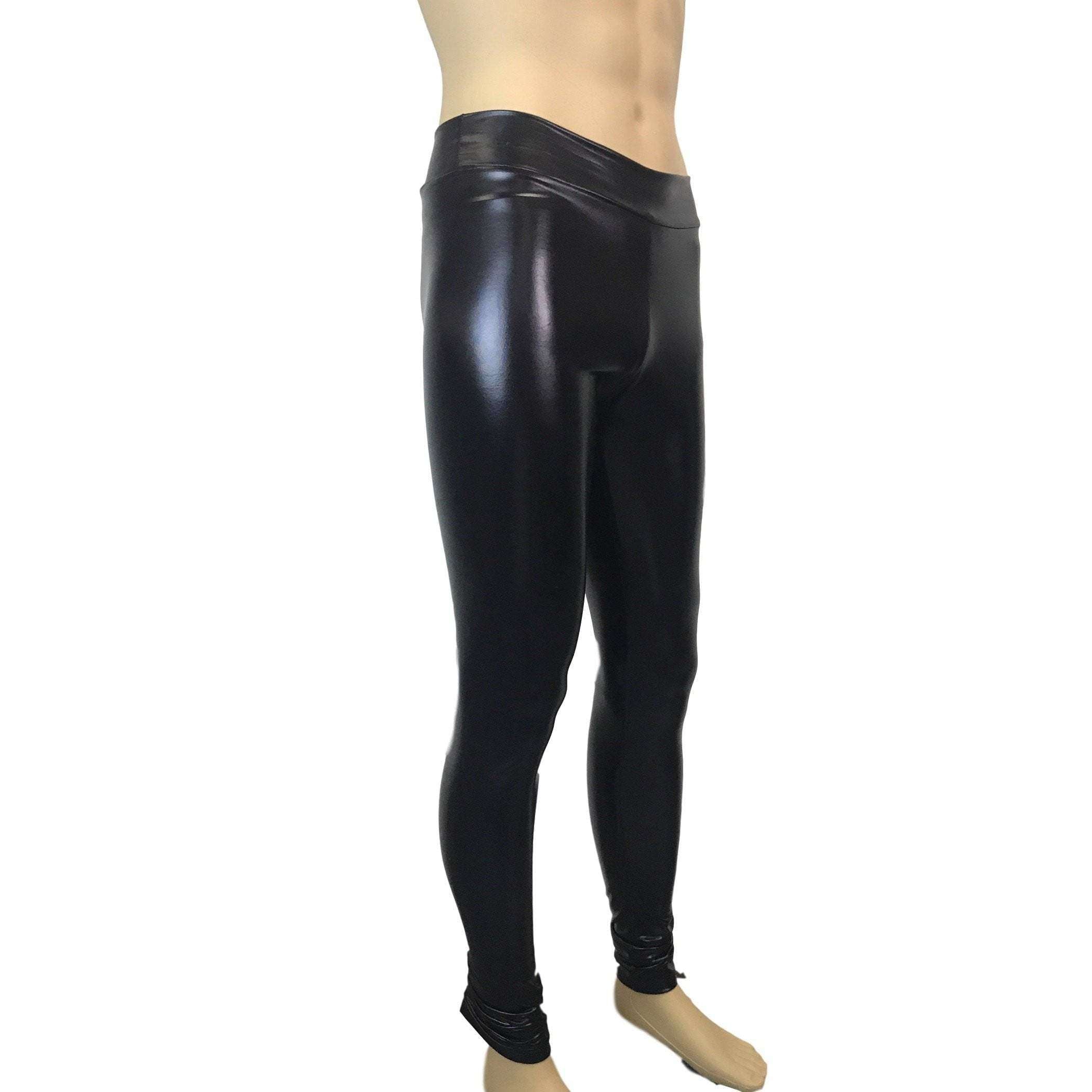 Men's Metallic Wet-Look Black Faux-Leather Leggings, Meggings