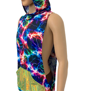 Unisex Muscle Tank Hoodie in Cosmic Thunder/Lime Holo w/Pocket Shirt - Peridot Clothing