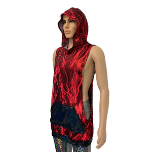 Unisex Muscle Tank Hoodie in Red Lightning Metallic/Black Holographic Pocket Shirt - Peridot Clothing