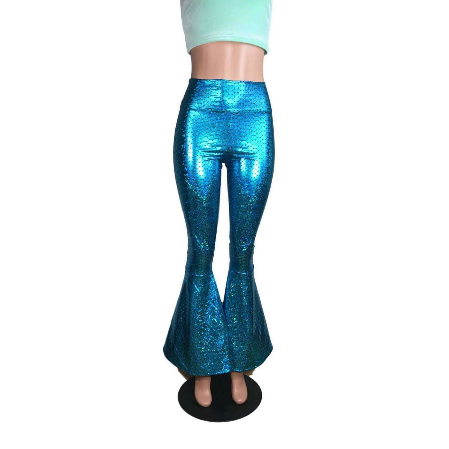 Mermaid Bell Bottoms - Turquoise Metallic Scales Flare Pants