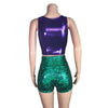 Mermaid Costume - green mermaid scales Booty Shorts and purple crop top outift - Clubwear, Rave Wear, Mini Circle Skirt - Peridot Clothing