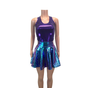 Mermaid Costume - Holographic Mermaid Scales Skater Skirt & Purple Tank Outfit - Peridot Clothing