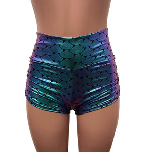 Mermaid Holographic Ruched Booty Shorts - Peridot Clothing