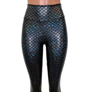 Mermaid Leggings - Black Holographic High Waist Pants - Peridot Clothing