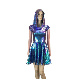 Mermaid Scales Holographic Cap Sleeve Hoodie Skater Dress - Peridot Clothing