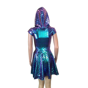 Mermaid Scales Holographic Cap Sleeve Hoodie Skater Dress Large (12-14) Mermaid Scales Holographic Cap Sleeve Hoodie Skater Dress Large (12-14)