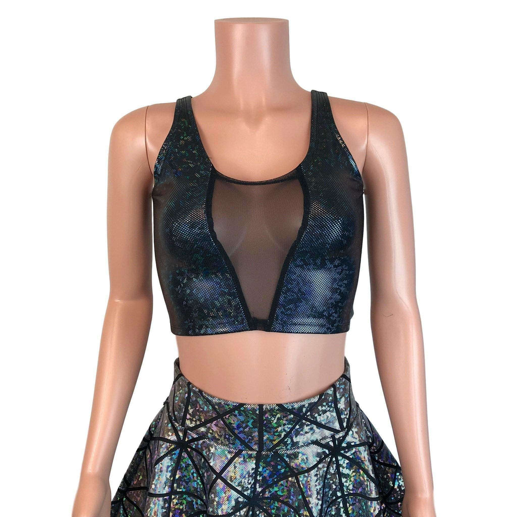 Mesh Inset Crop Tank - Black Shattered Glass Holographic - Peridot Clothing