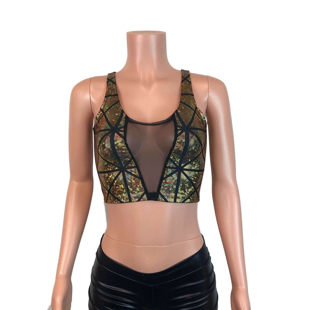 Mesh Inset Crop Tank - Gold Glass Pane Holographic - Peridot Clothing