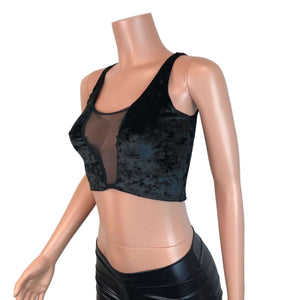 Mesh Inset Crop Tank Top - Black Crushed Velvet - Peridot Clothing