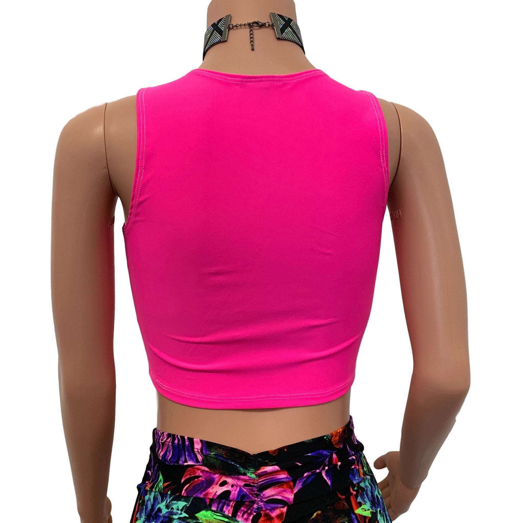 Mesh Inset Crop Tank Top - Neon Pink Spandex - Peridot Clothing